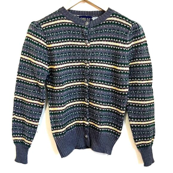 VTG Grand Isle Nordic Cabincore Women Cardigan Sweater Size L Gray Fair Isle Ski - Picture 1 of 7